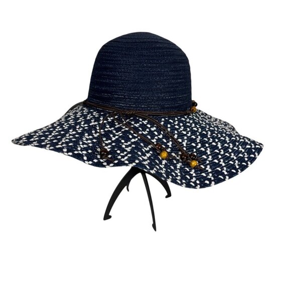 Fashion Hat Wide Brim Woven Sun Hat Beaded String Band Blue NWT 9041 - Picture 1 of 15